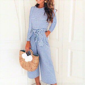 Quinn Blue/White Stripe Casual Stripe with Tie Belt Crop Jumpsuit Size S NWOT